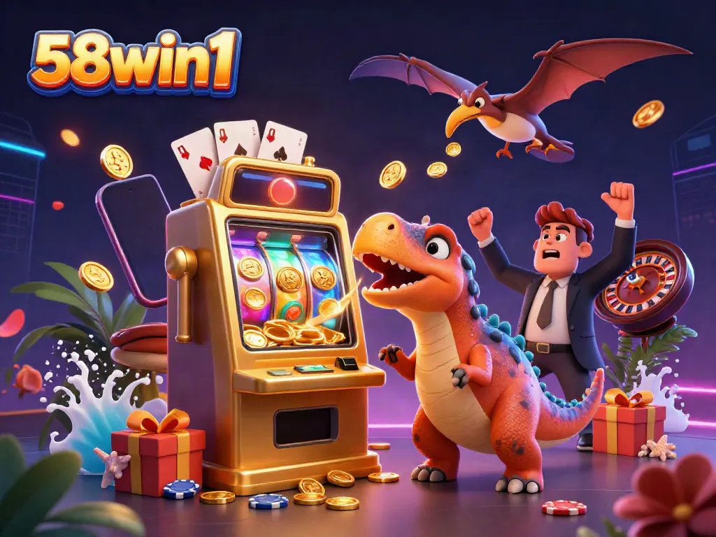 Experience casino thrills with 58win1 as cartoon dinosaurs engage in a jackpot frenzy.