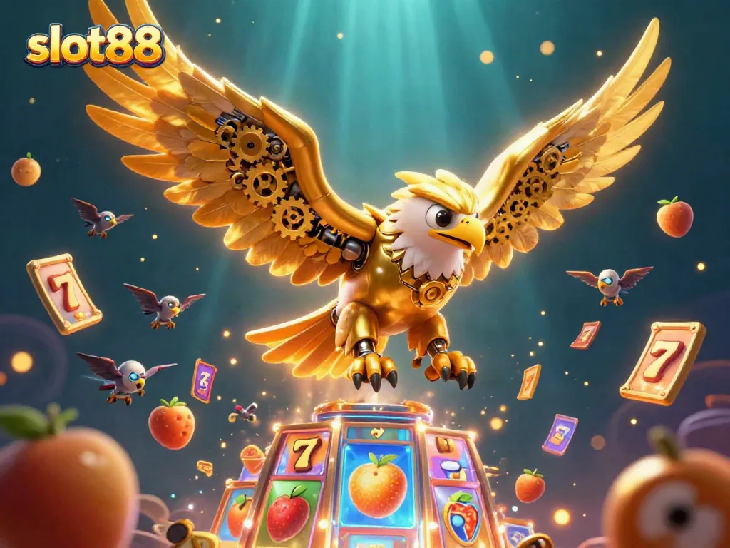 Experience the excitement of slot88 with a golden eagle diving through vivid slot game elements in a dynamic scene.