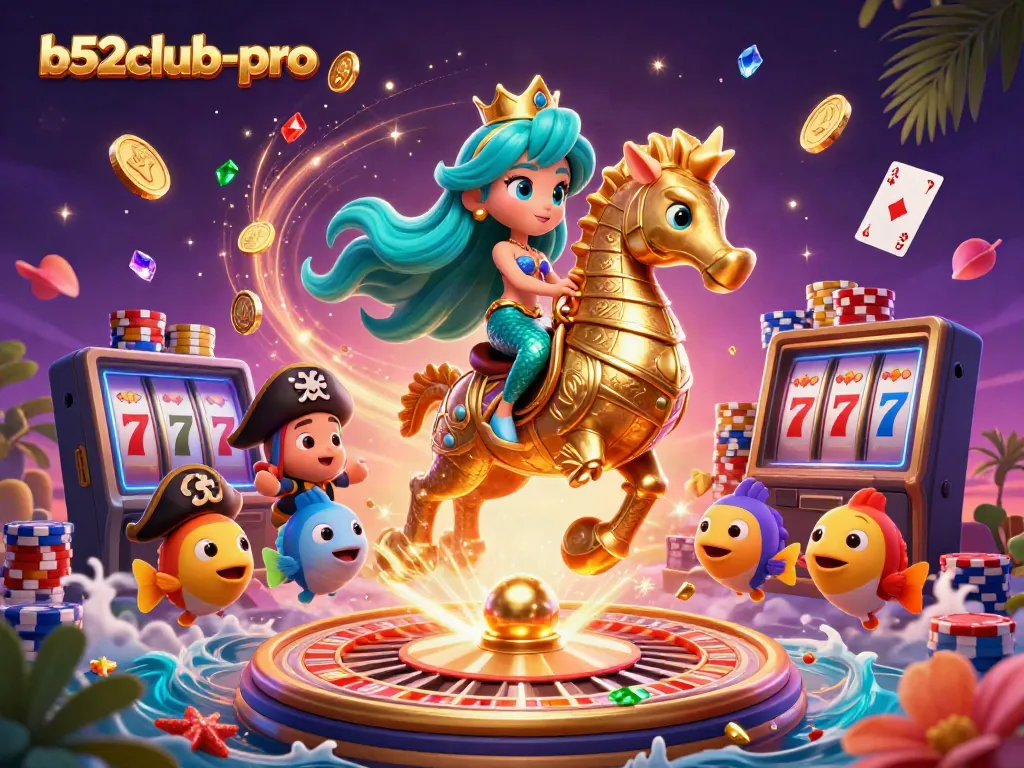 Engage in thrilling adventures with b52club-pro's vibrant casino-themed 3D illustration, featuring a mermaid princess.