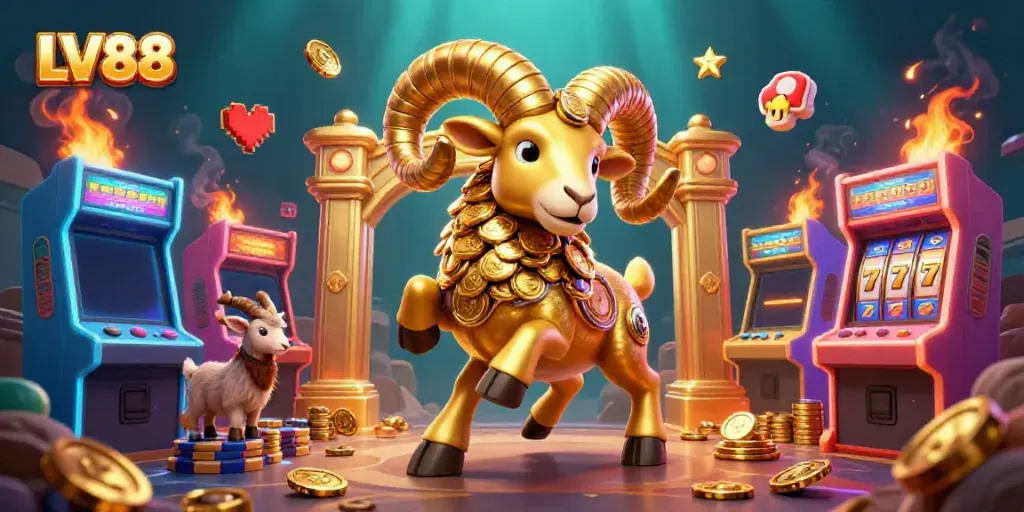 Engage with LV88's vibrant 3D casino experience, featuring a golden ram and dynamic game elements.