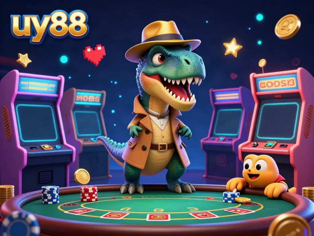 Experience exciting blackjack at uy88 with a cartoon velociraptor counter and casino elements.