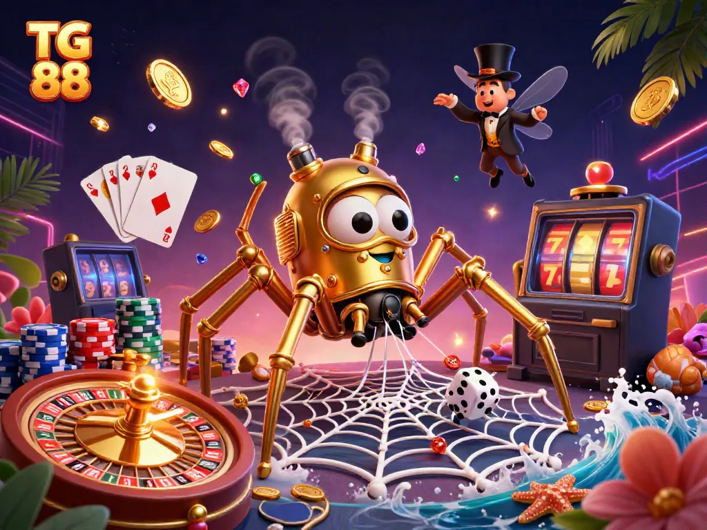 Winning with TG 88 in an exhilarating 3D casino illustration filled with gold coins and vibrant game elements.