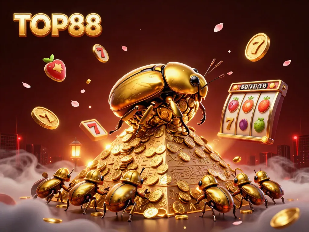 Experience the excitement of TOP88 with a golden dung beetle rolling jackpot coins in a vibrant casino scene.