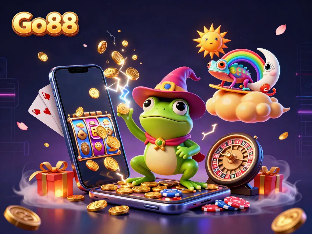Experience Go88's vibrant gaming world with a wizard frog and chameleon amidst golden coins.