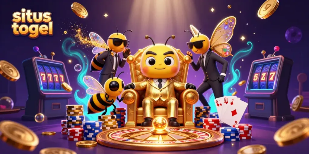 Experience situs togel thrills with a bumblebee mob boss and dazzling casino elements in this vibrant illustration.