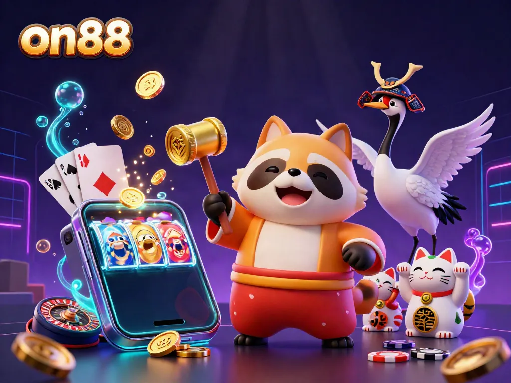 Engage in winning strategies on88 with a vibrant 3D casino scene featuring a cheerful tanuki and lucky cats.