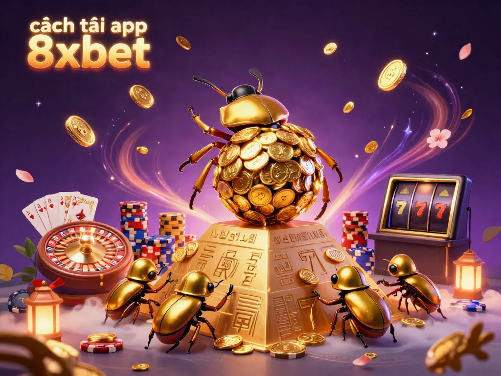 Experience how to download the 8xbet app with a vibrant 3D illustration featuring dynamic casino elements.
