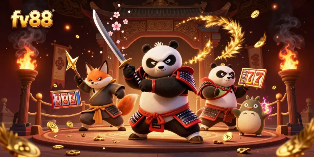 Engage with fv88's thrilling online slots, featuring vibrant samurai and fox characters.