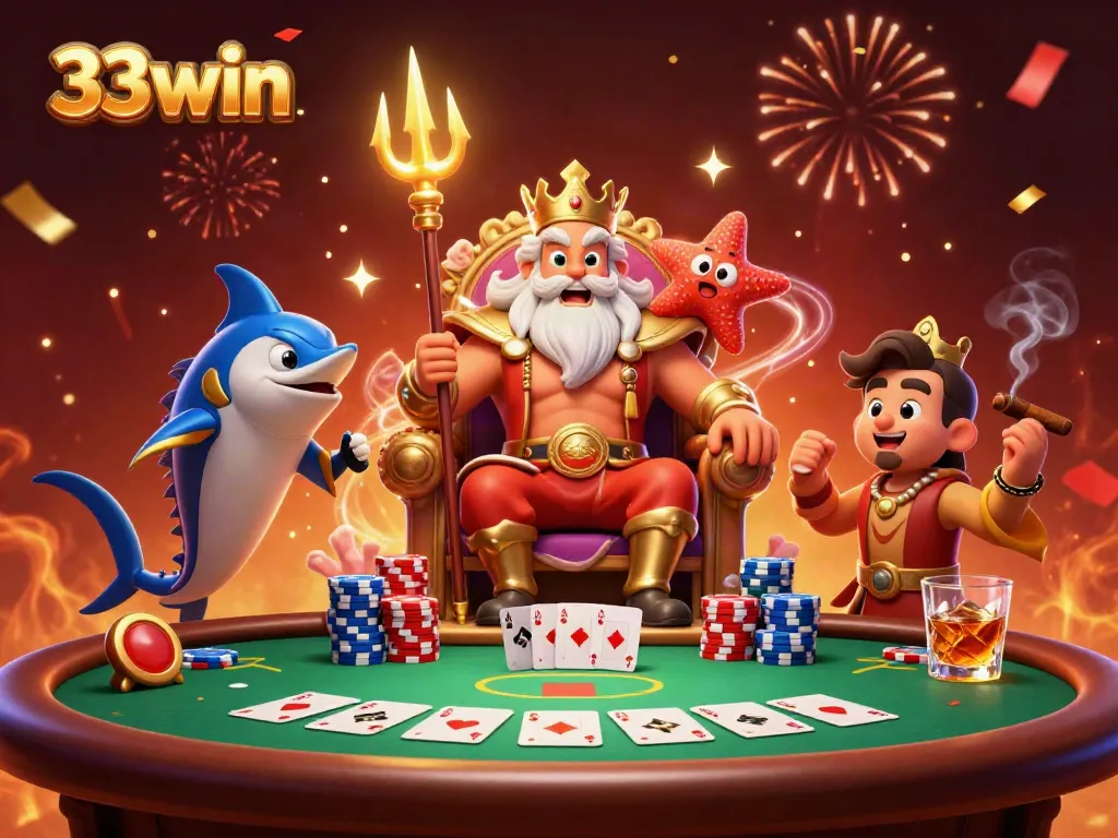 Experience exciting poker action with Neptune and characters in a vibrant gaming scene for 33win.