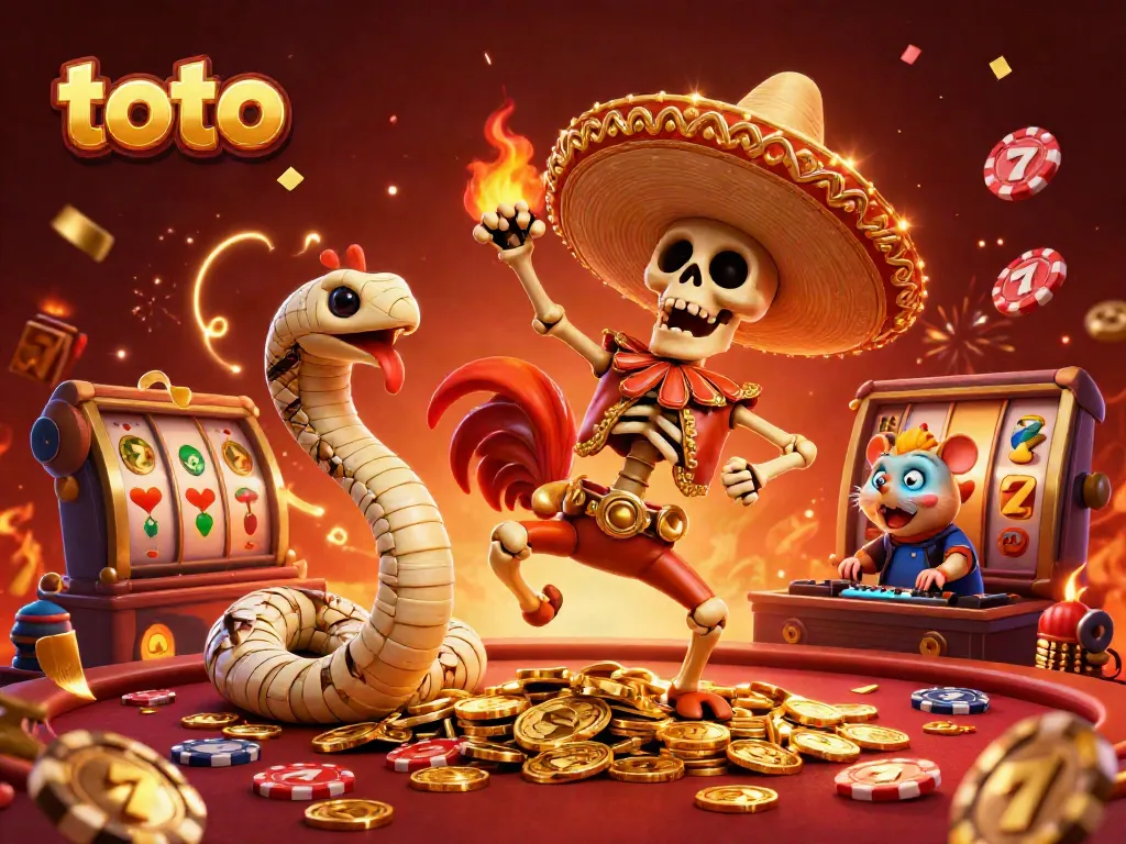 Celebrate big wins with toto as a colorful rooster dances on golden coins with a lively casino backdrop.