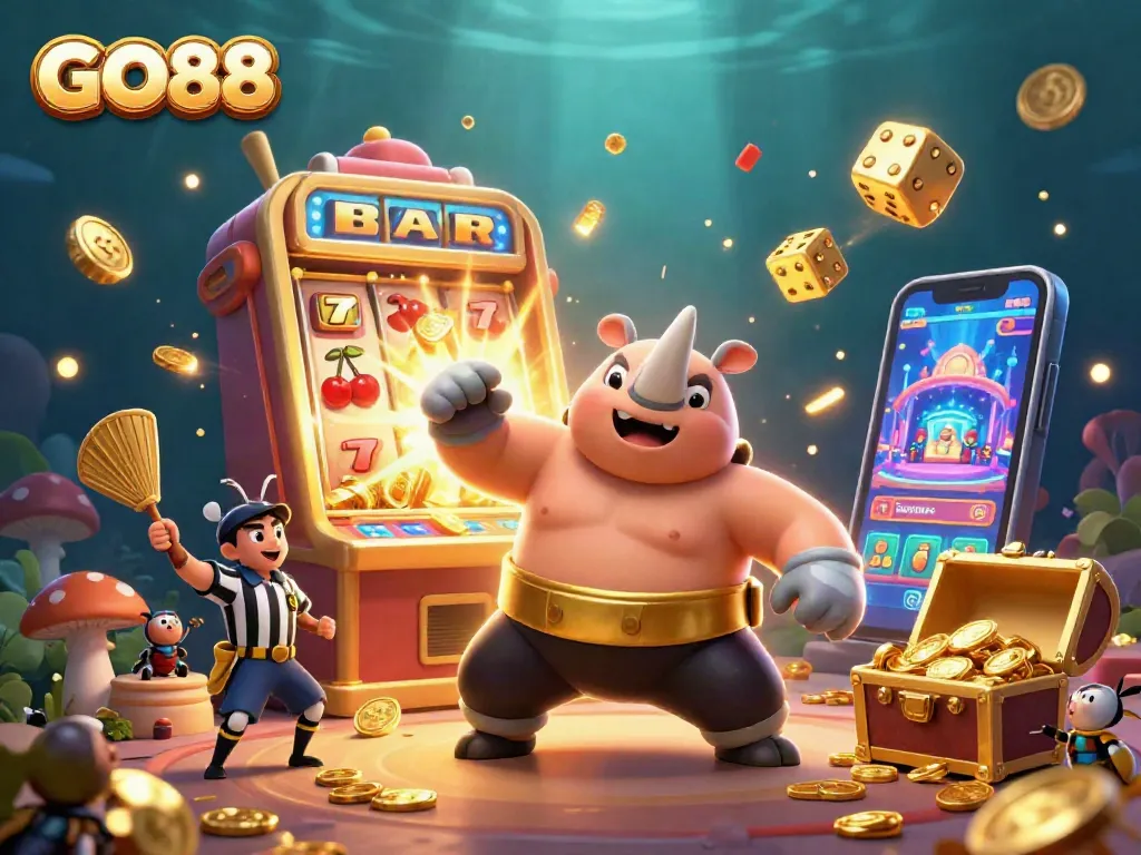 GO88's thrilling slot gaming champion amidst flying coins and vibrant casino elements.