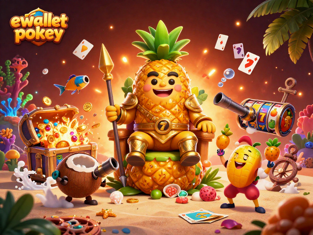 Experience thrilling ewallet pokies action with vibrant characters in a dazzling beach casino scene.