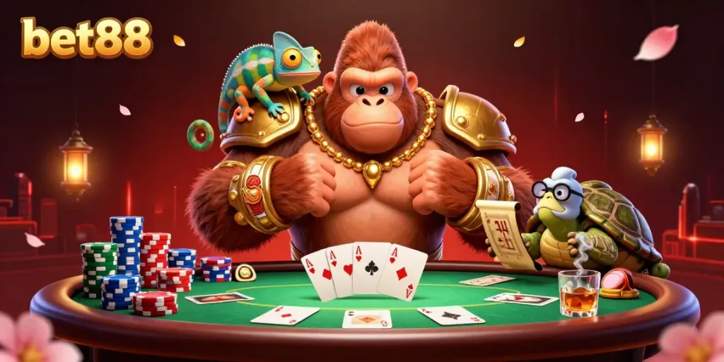 Join the thrilling action at bet88 with a dynamic scene featuring a king gorilla and a chameleon in a vibrant casino atmosphere.