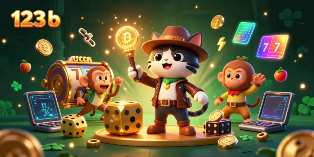 Join the adventure with 123 b, a playful cat explorer discovering casino treasures among vibrant slot reels.
