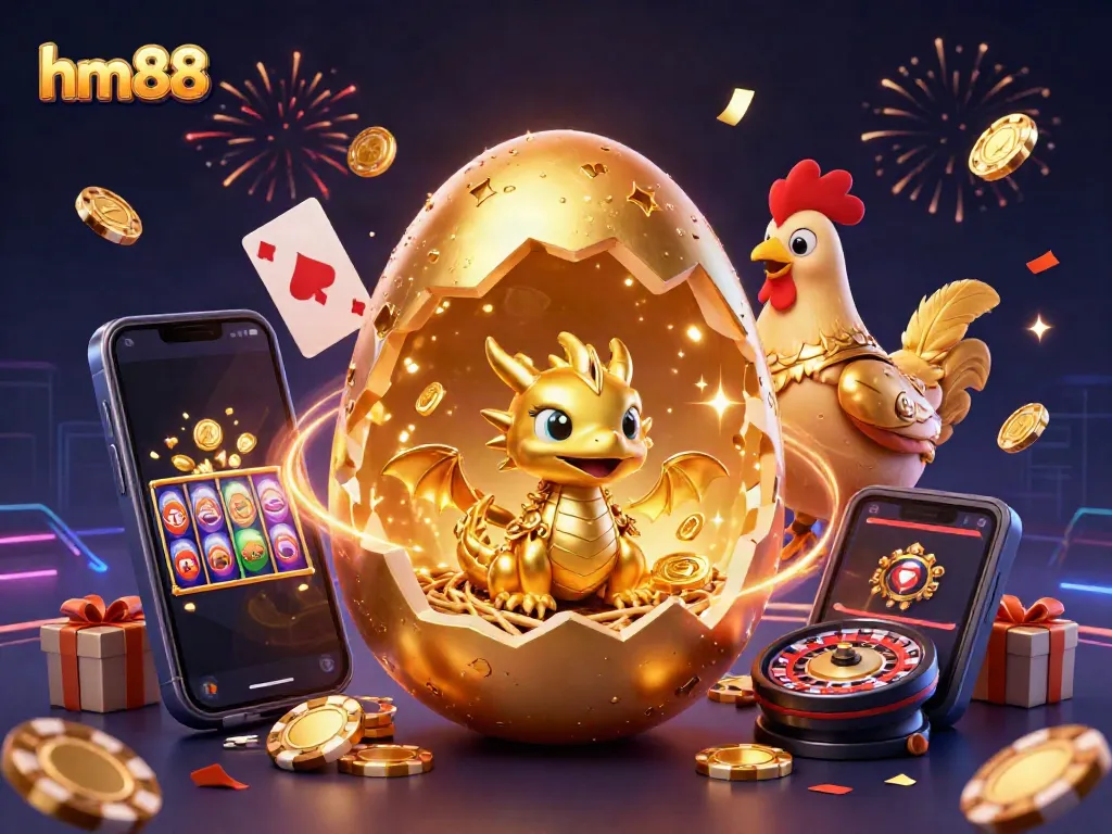 Experience thrilling casino action with hm88 as the golden dragon emerges from a nest of poker chips amidst rich gaming symbols.