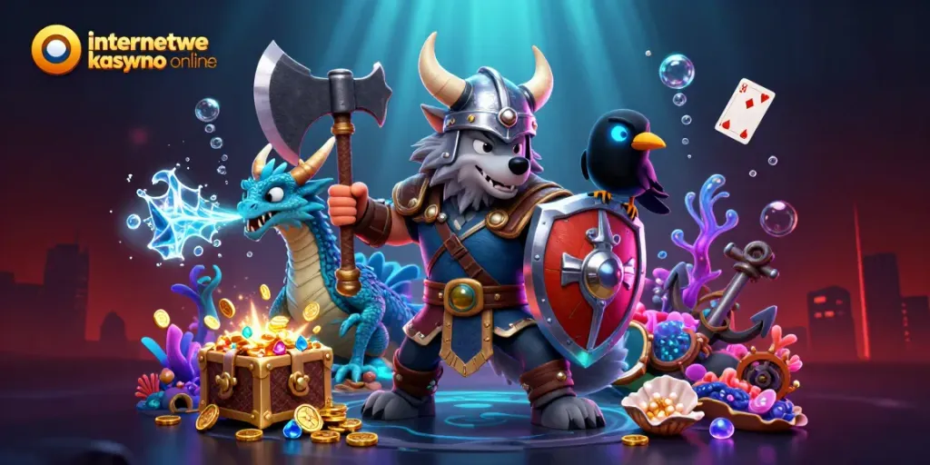 Play exciting games at the internetowe kasyno online, featuring a Viking warrior and treasures in a rich 3D scene.
