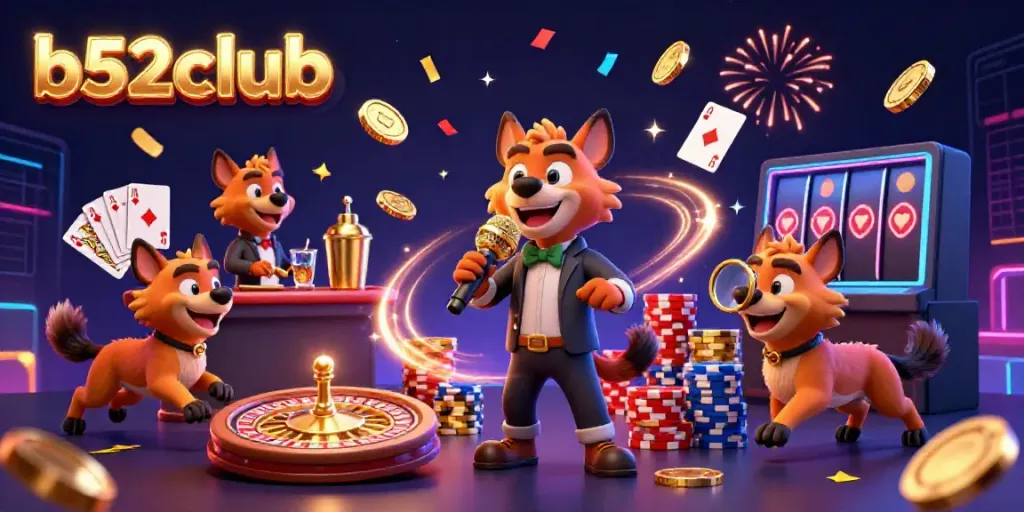 Experience the vibrant b52club comedy casino scene featuring hyena characters amidst sparkling gambling elements.