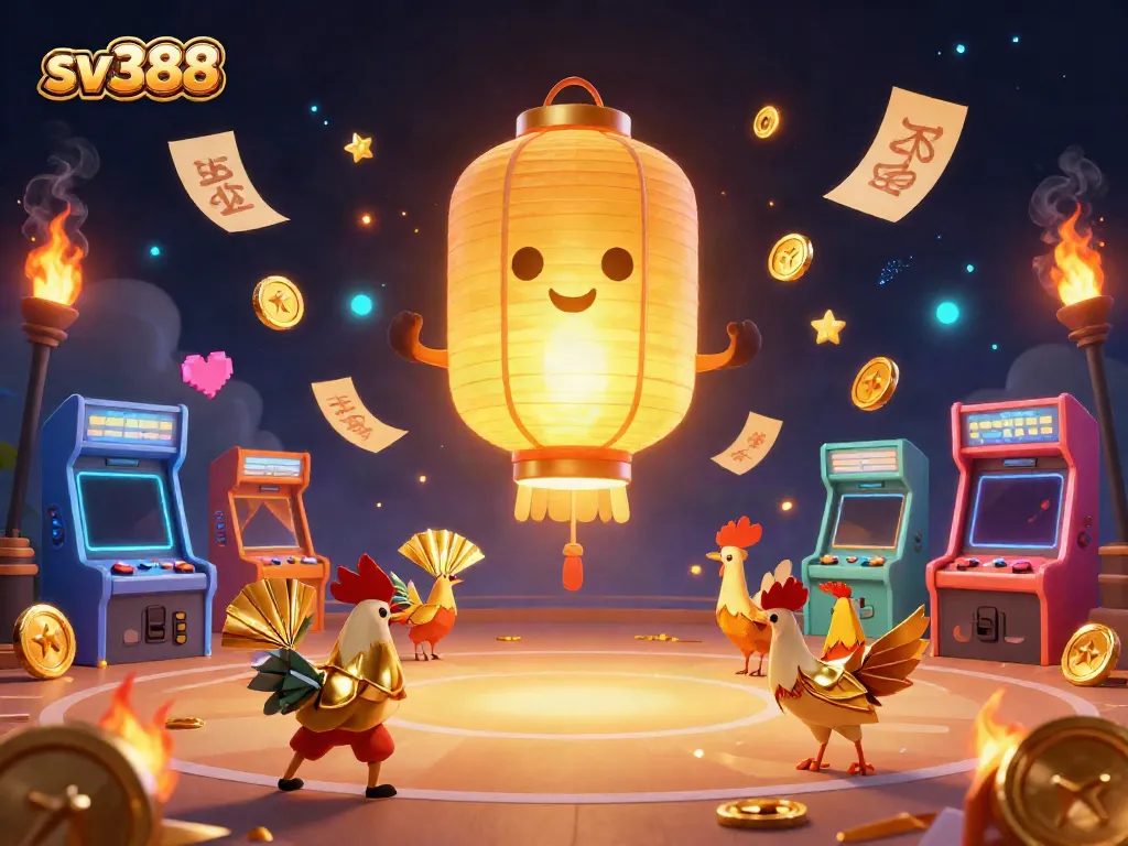 Engage in thrilling cockfighting action at sv388 with vibrant golden elements and dynamic gaming visuals.
