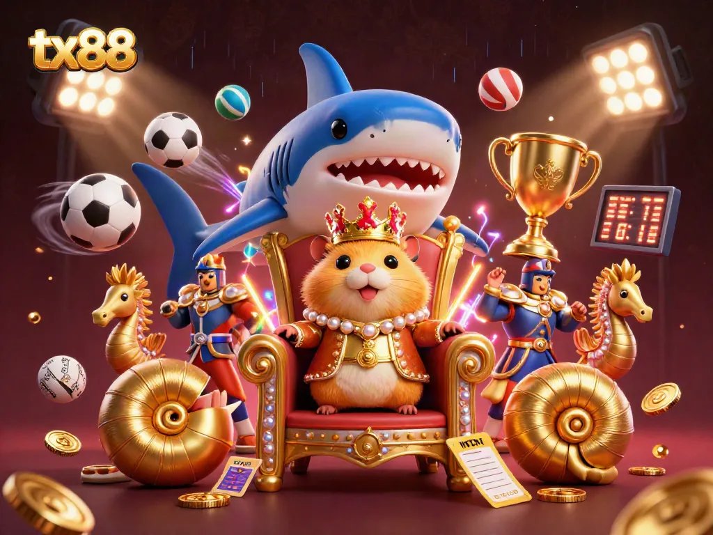 Experience thrilling sports wagers with tx88, featuring a vibrant 3D scene of dynamic betting elements and royal characters.