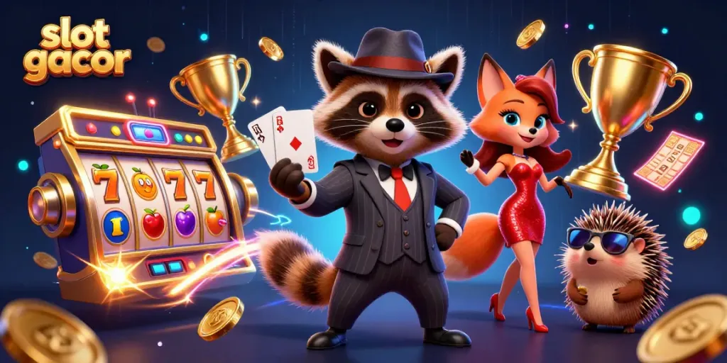 Experience exhilarating gameplay at slot gacor as charming characters interact amidst vibrant slot machine elements.