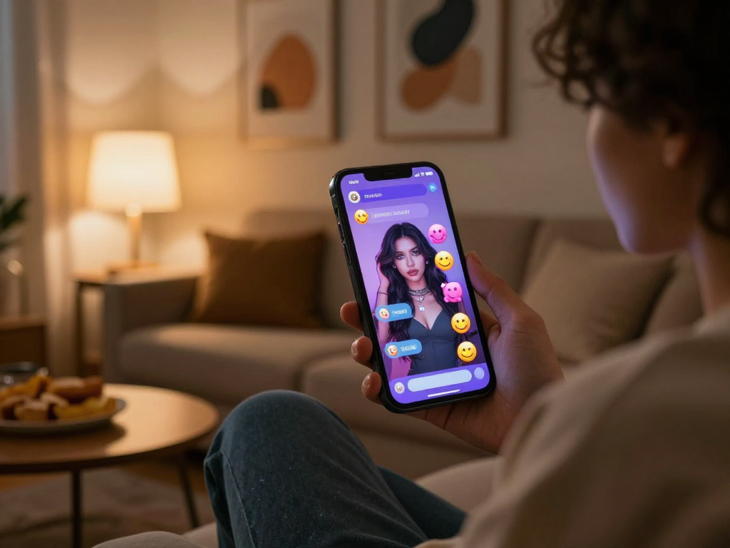 Engaging scene of ai porn chat with a user and virtual character in an intimate setting, showcasing the digital interaction.
