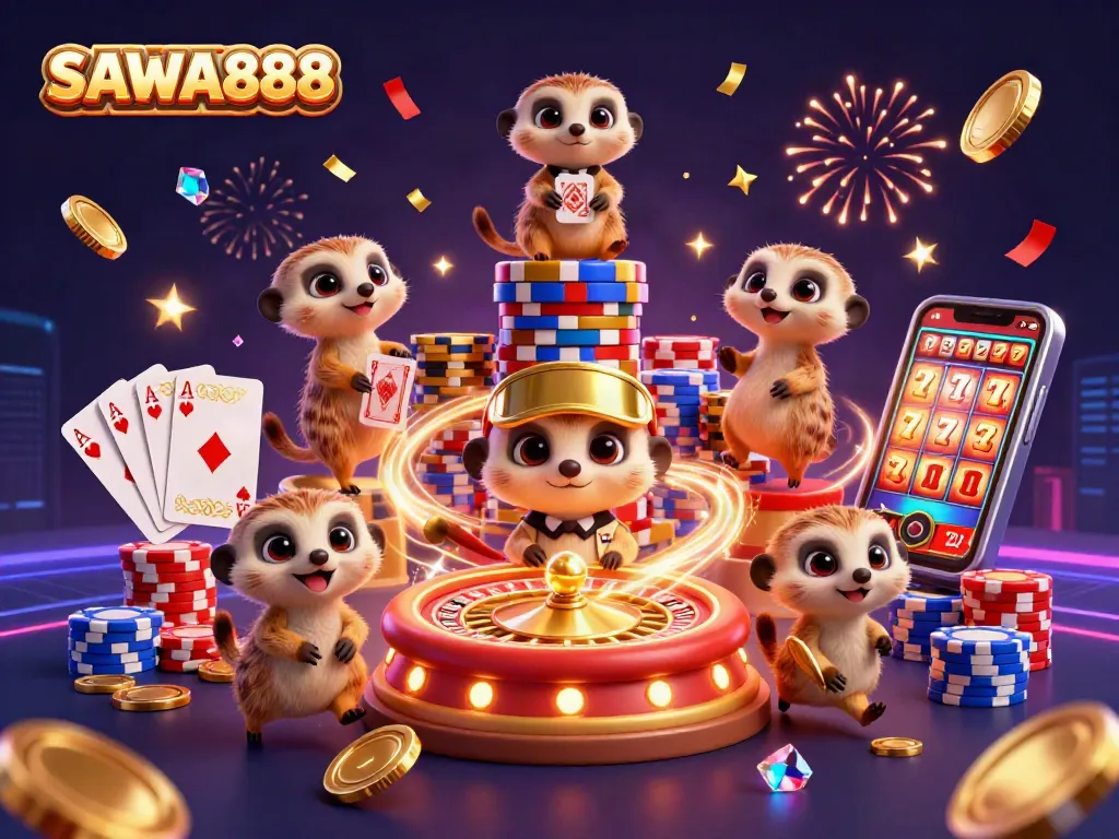 SAWA888 meerkats celebrate a winning casino night with vibrant elements and confetti.
