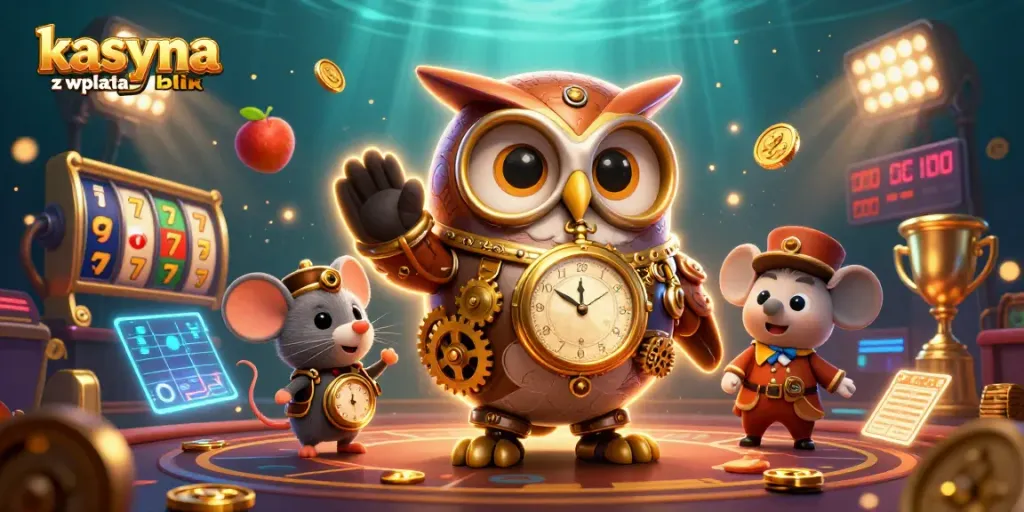 Experience thrilling kasyna z wplata blik with vibrant 3D casino scene featuring time-traveling owl and steampunk elements.