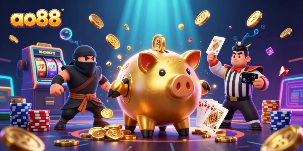 Engage with the thrilling adventure of ao88, featuring a golden piggy bank sumo wrestler amidst a flurry of casino elements.