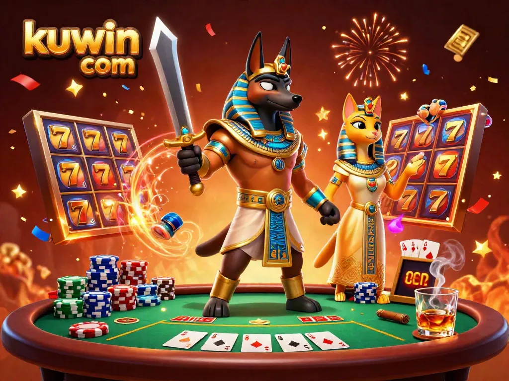 Experience exciting gaming action with kuwin com, featuring slot reels and dynamic characters in an Egyptian-themed casino scene.