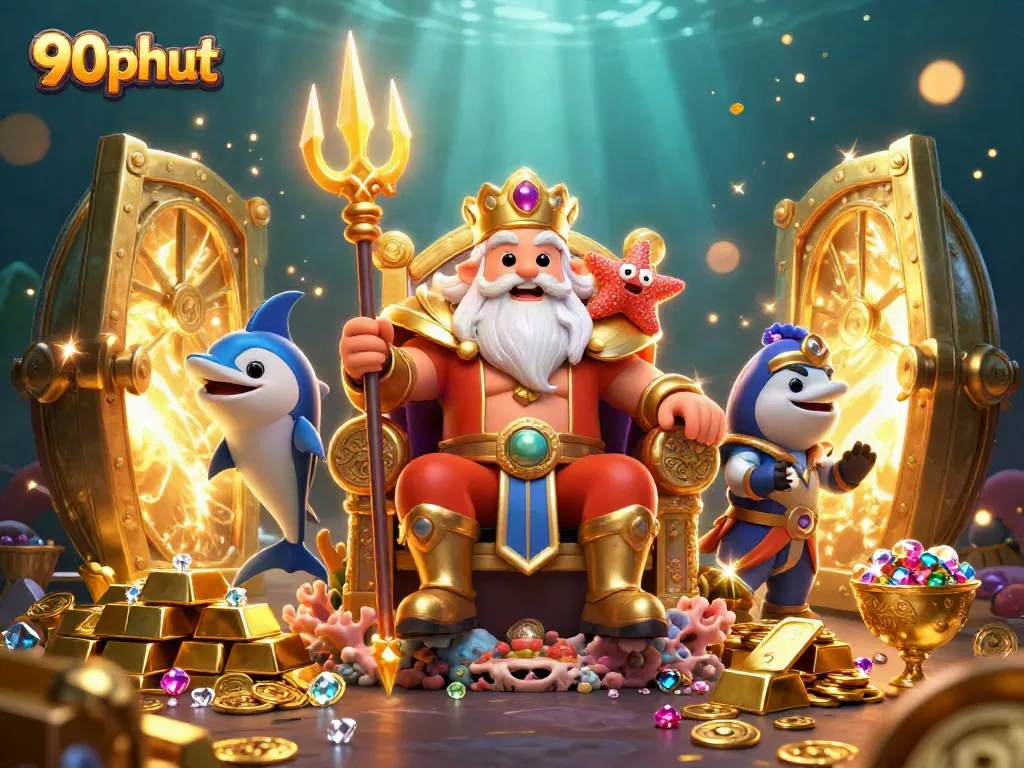 Join the excitement of 90phut as Neptune shares treasures in a vibrant casino scene filled with riches.