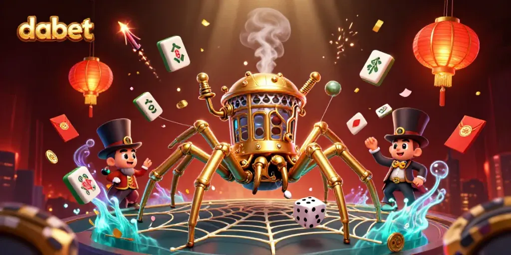 Engage with dabet by placing bets in a lively steampunk gaming scene with golden spider and amused fly.