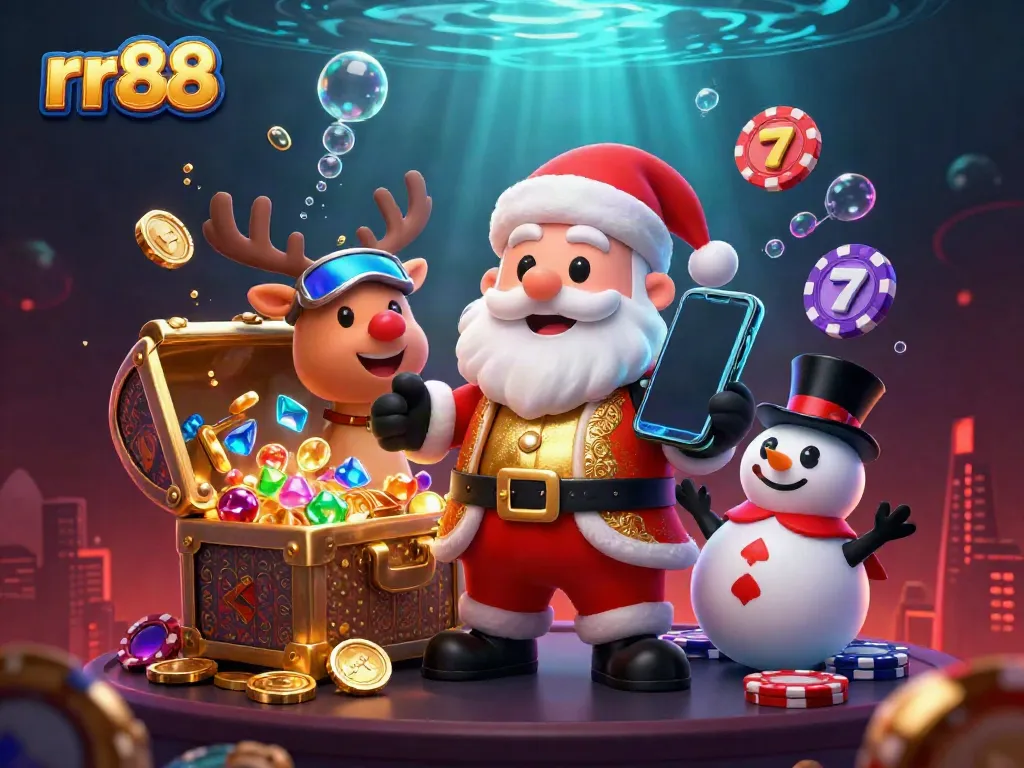 Engage in exciting jackpot slots action with rr88 in a vibrant casino scene featuring Santa and friends.