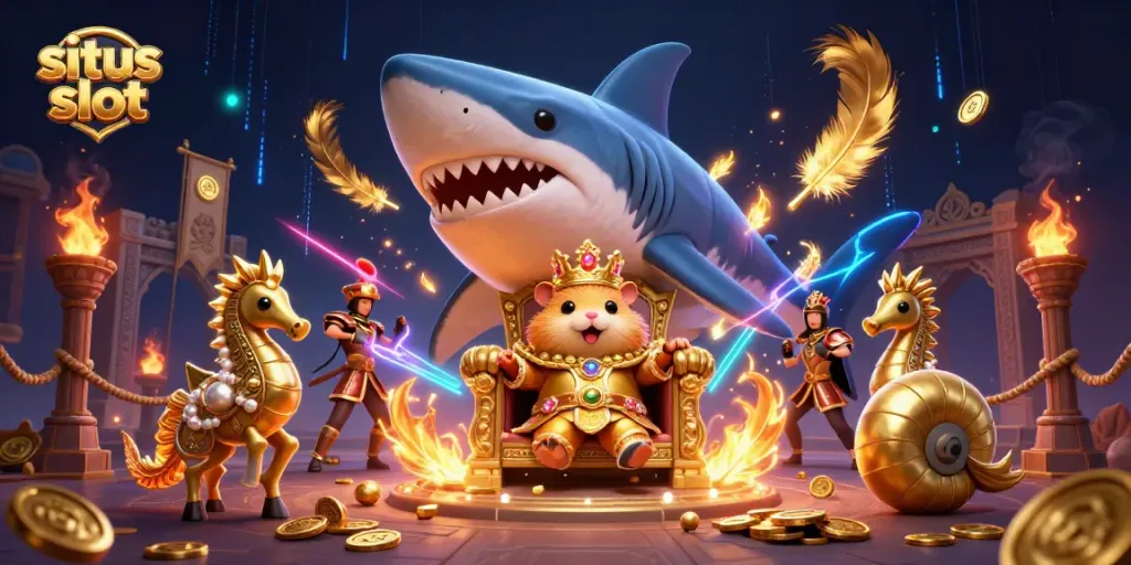Spin to win with situs slot, showcasing a whimsical 3D casino scene with vibrant characters.