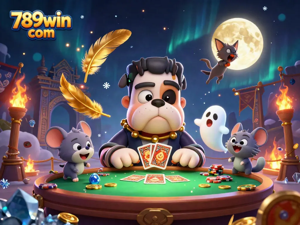 Play cards with the 789win com characters in a vibrant casino scene filled with playful gambling elements.