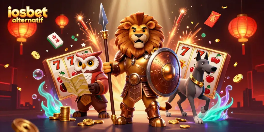 menggambarkan iosbet alternatif, ilustrasi 3D slot yang menampilkan singa Spartan, owl strategist, dan greyhound messenger dengan latar belakang meriah.