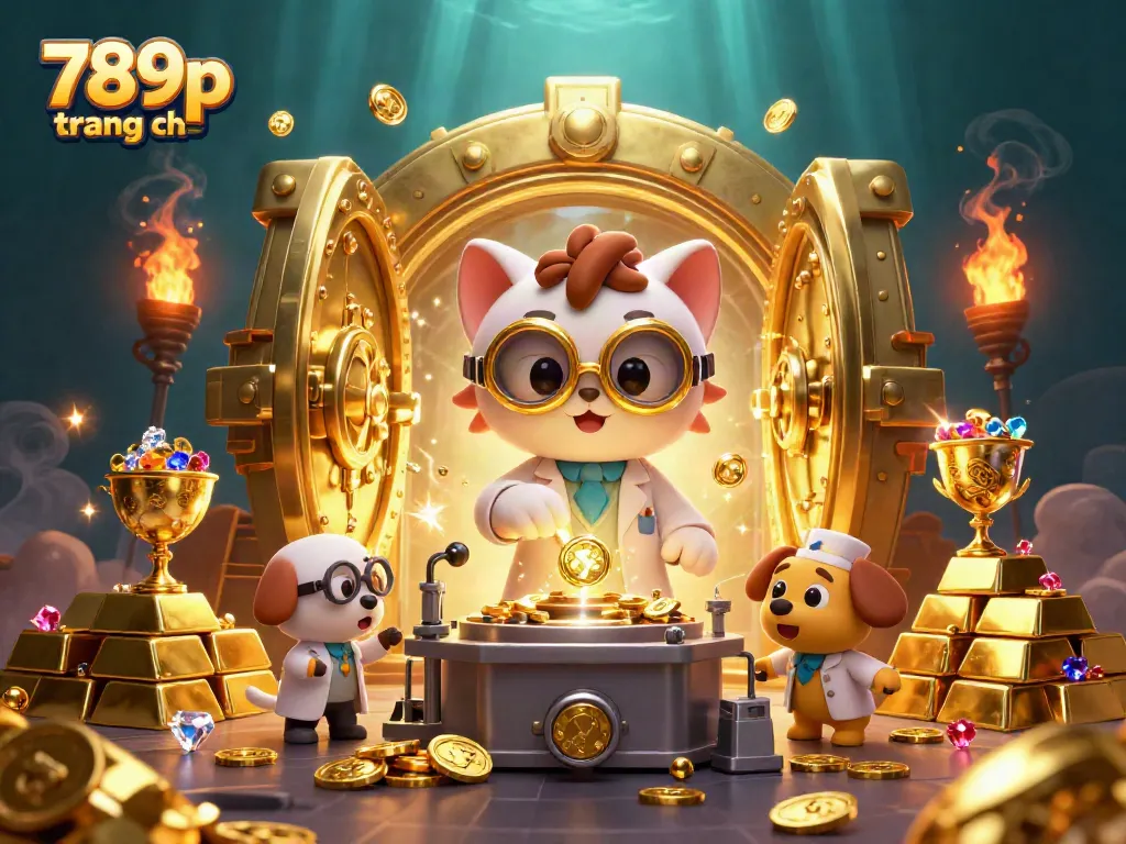 Engage in thrilling gaming action on 789p trang chủ, a vibrant scene featuring 3D characters and dazzling treasures.