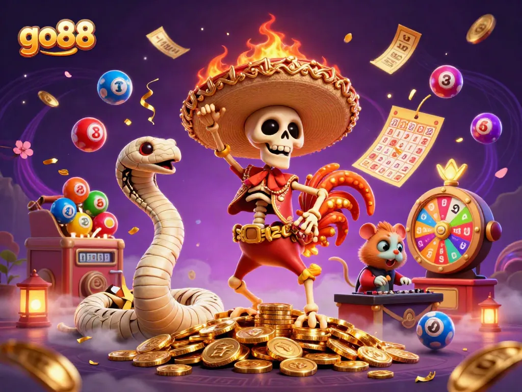Experience go88 excitement with vibrant characters amidst a colorful gambling celebration.