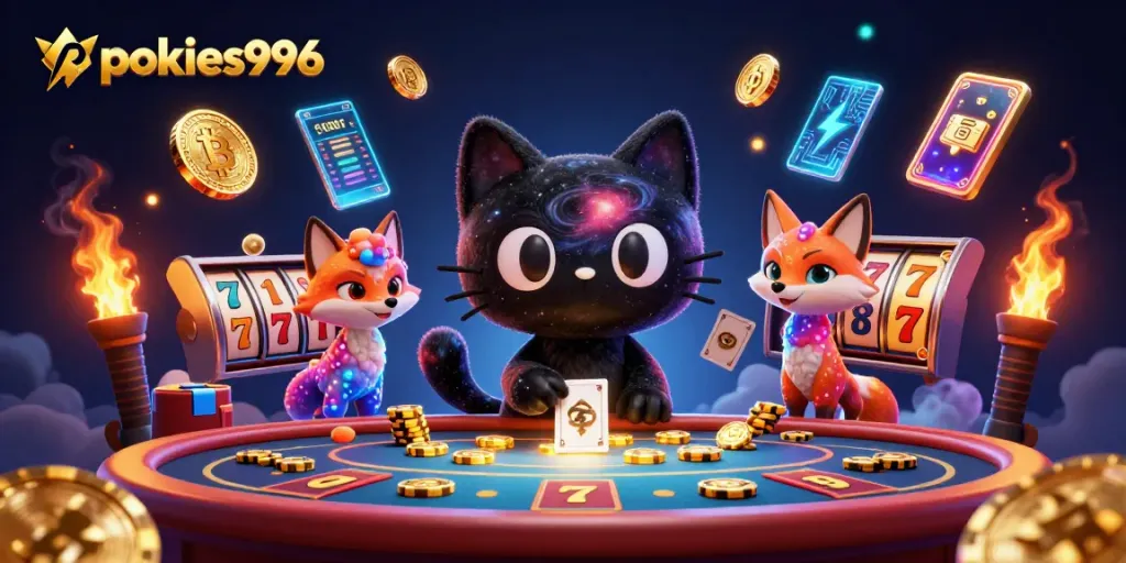 Play pokies996 and chase jackpots with a cosmic team of characters at a vibrant casino table.