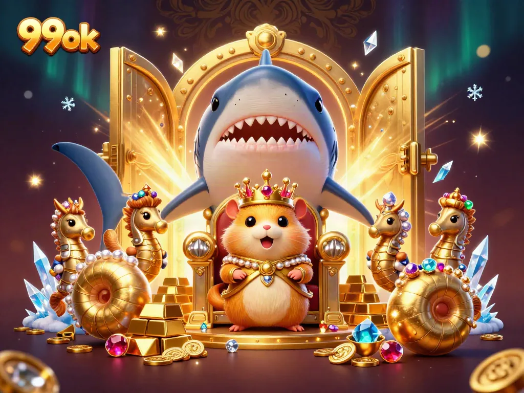 Experience the thrilling world of gambling with 99ok's dynamic casino illustration showcasing a golden hamster king ruling over treasure.