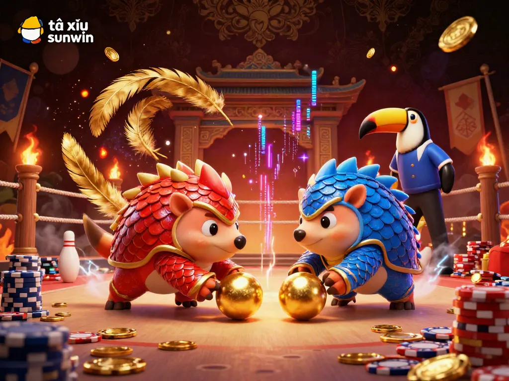 Experience the thrill of tài xỉu sunwin with rival pangolins battling among poker chips in a vibrant casino