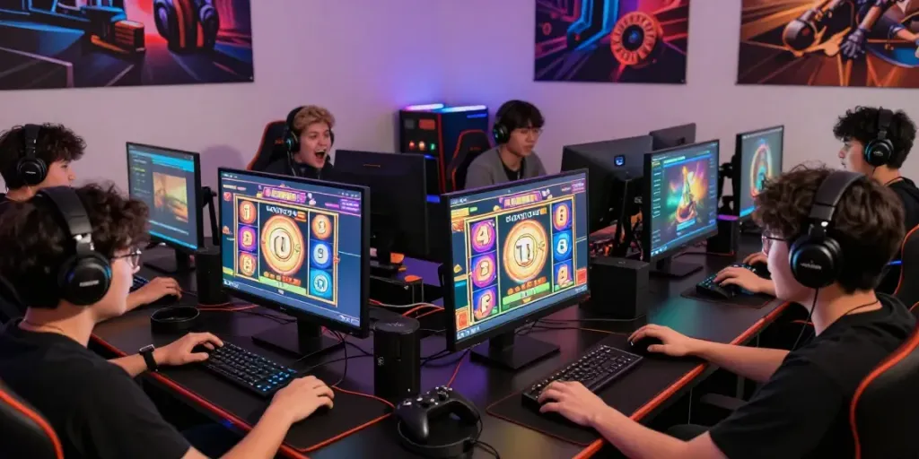 Engaging players immersed in colorful slot games on situs gacor platform with modern gaming setup.