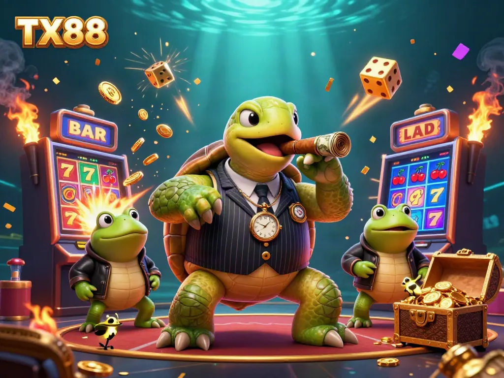 Engage with TX88’s vibrant casino atmosphere featuring a snapping turtle and frog enforcers.