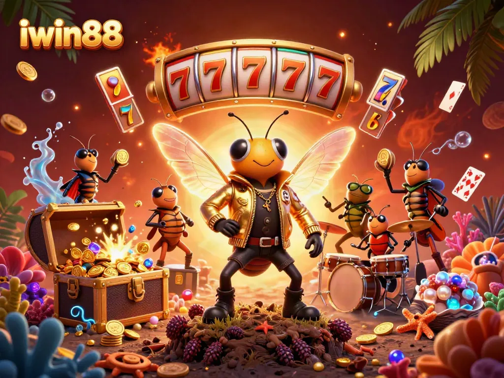 Experience the excitement of iwin88 with a vibrant casino scene featuring a rock star cicada and dynamic game elements.
