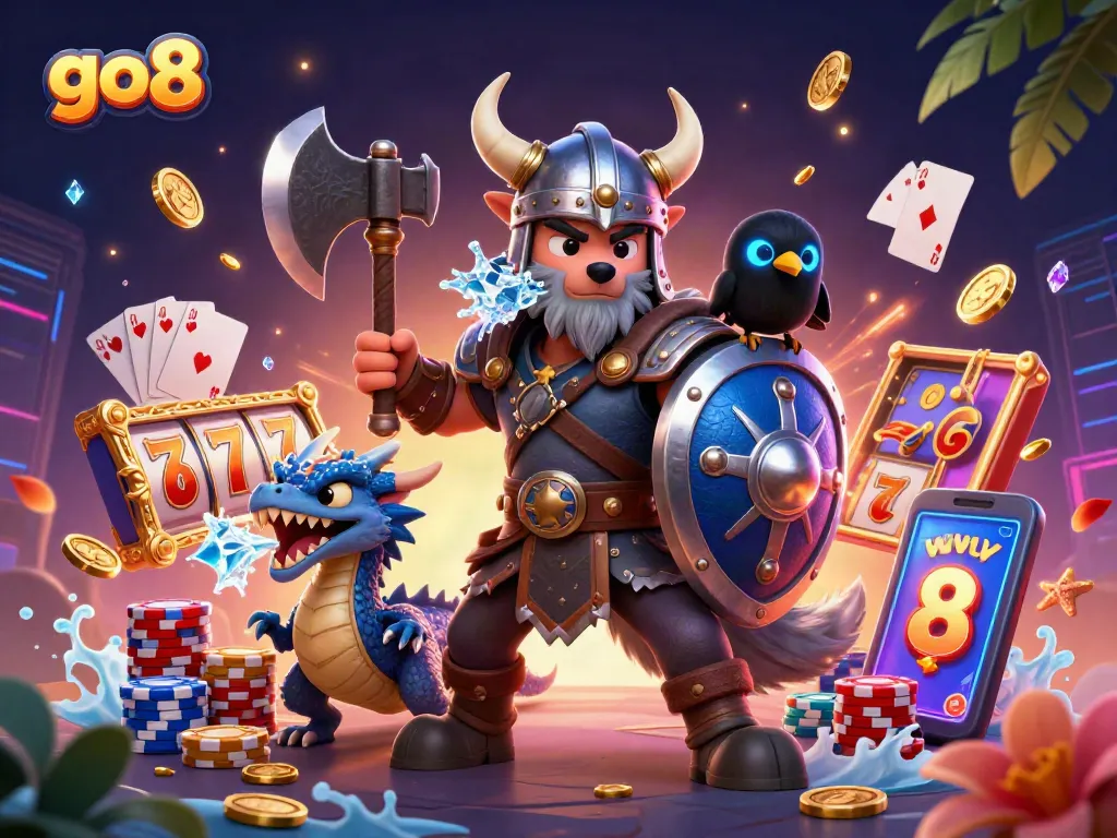 Experience go8's thrilling gaming world with a Viking wolf warrior, dragon, and dazzling slots.