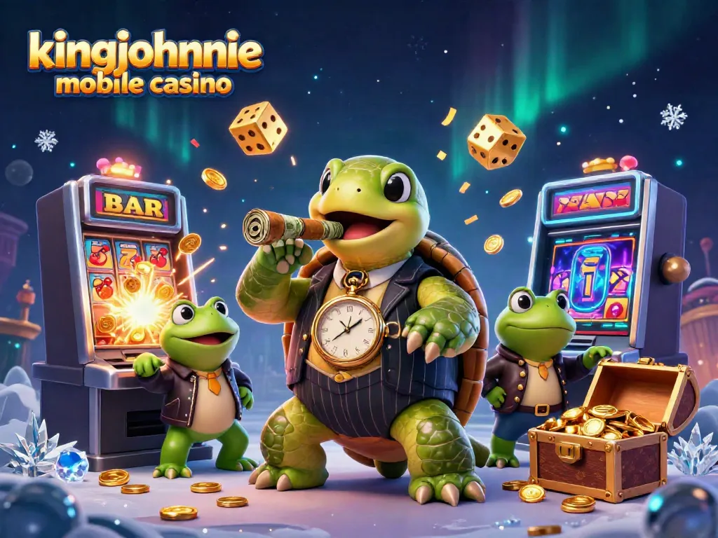 Experience thrills at kingjohnnie mobile casino with a vibrant casino scene featuring a snapping turtle and frog enforcers.