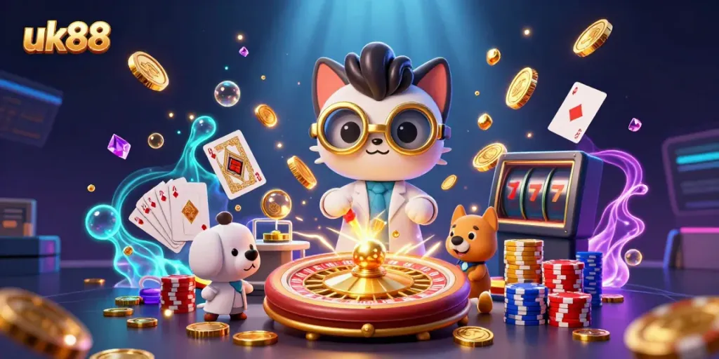 uk88's thrilling gaming scene with golden coins and racing roulette, captivating players with excitement.