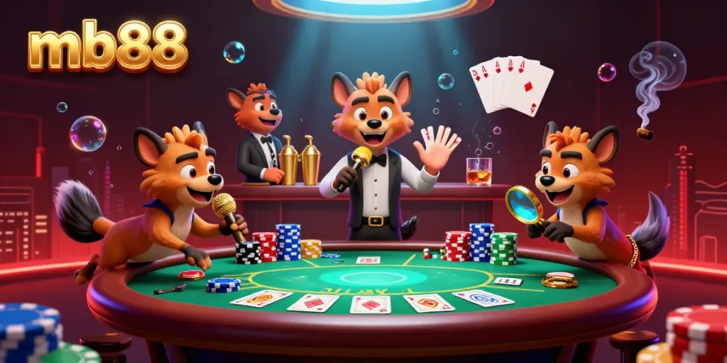 Create a vibrant scene at mb88 casino featuring hyenas in comedic roles amidst poker tables and colorful chips.