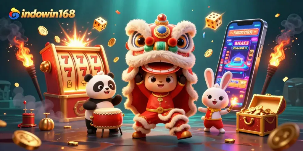 Spin the slots and enjoy wins at indowin168's vibrant gaming experience featuring lively characters and fireworks.