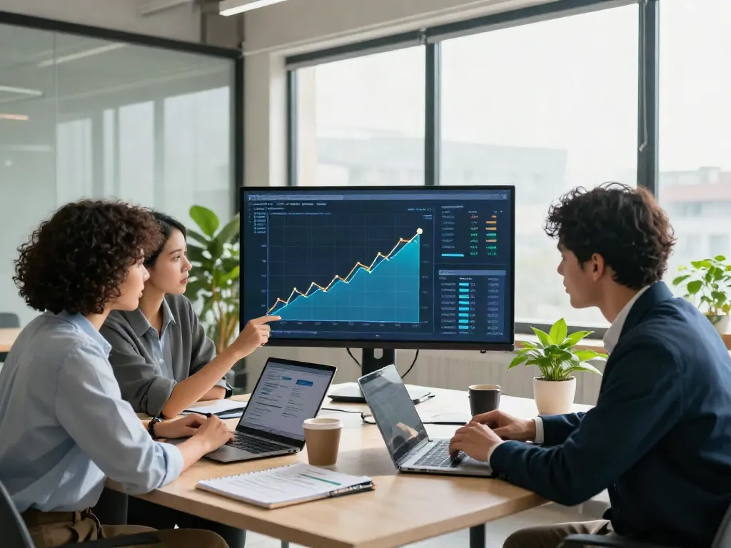 Innovative business team collaboration at istana404 workspace, analyzing growth analytics and strategy in a bright office.