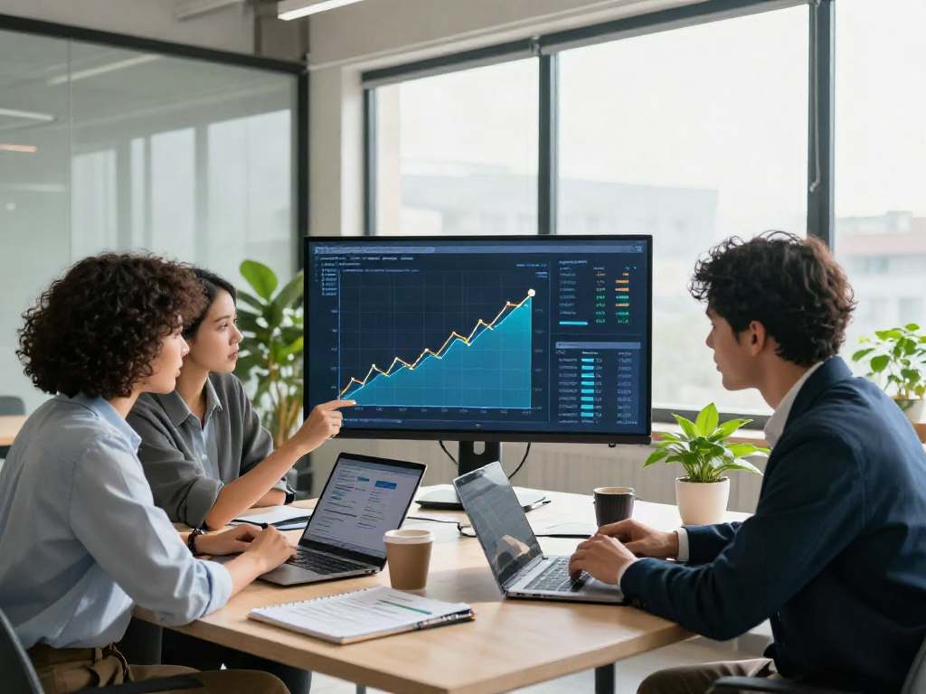 Innovative business team collaboration at istana404 workspace, analyzing growth analytics and strategy in a bright office.